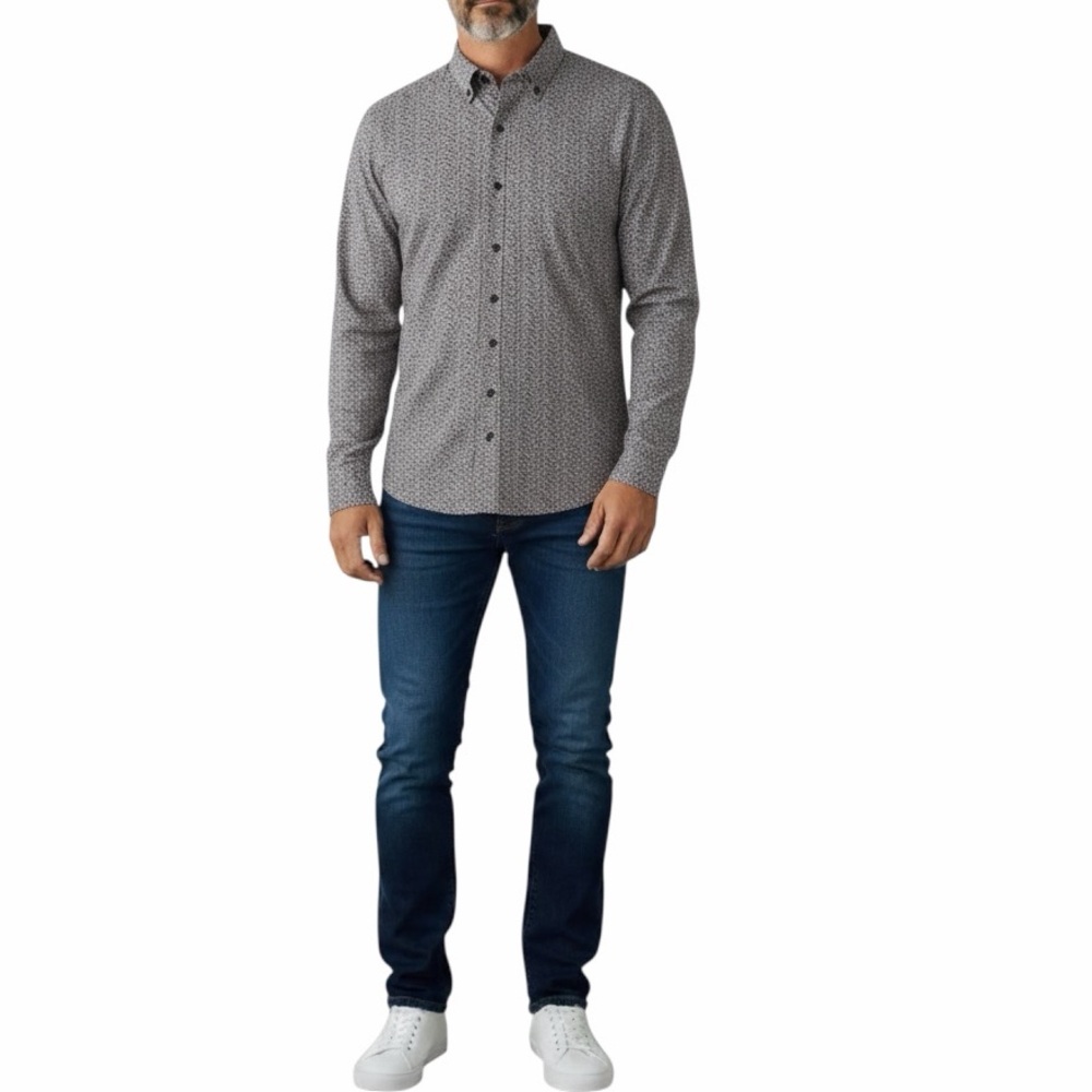 Perry Ellis Men's Grey Patterned Button-Up Slim Fit Shirt Size Large
